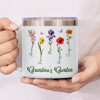 Her Garden Grows With Laughter & Little Feet - Family Personalized Custom 14oz Stainless Steel Tumbler With Handle - Mother's Day, Gift For Mom, Grandma