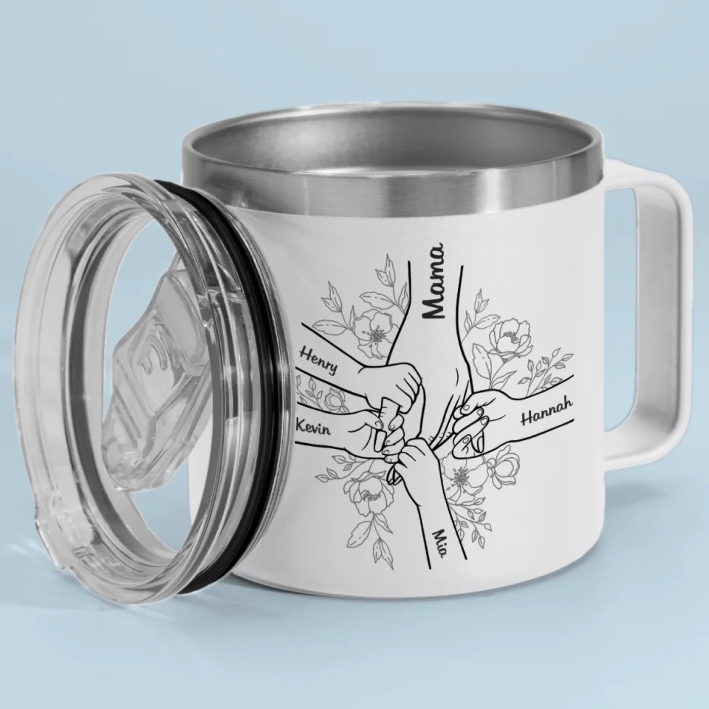 Forever Her Children, Forever In Her Hands - Family Personalized Custom 14oz Stainless Steel Tumbler With Handle - Mother's Day, Gift For Mom, Grandma