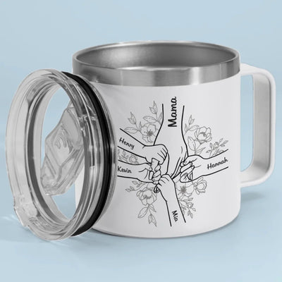 Forever Her Children, Forever In Her Hands - Family Personalized Custom 14oz Stainless Steel Tumbler With Handle - Mother's Day, Gift For Mom, Grandma