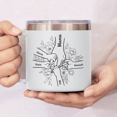 Forever Her Children, Forever In Her Hands - Family Personalized Custom 14oz Stainless Steel Tumbler With Handle - Mother's Day, Gift For Mom, Grandma