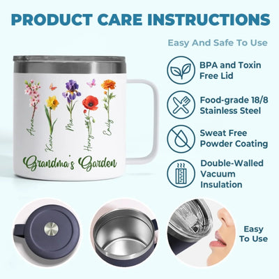 Her Garden Grows With Laughter & Little Feet - Family Personalized Custom 14oz Stainless Steel Tumbler With Handle - Mother's Day, Gift For Mom, Grandma