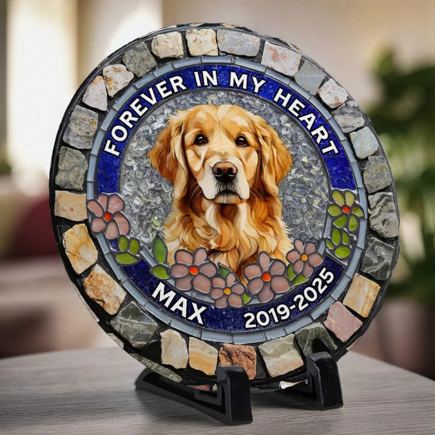 Custom Photo Forever Loved, Never Forgotten - Memorial Personalized Custom 3D Mosaic Faux Stained Glass Print Round Shaped Memorial Stone - Sympathy Gift For Pet Owners, Pet Lovers