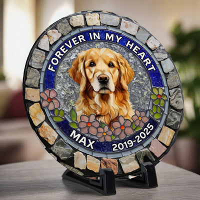 Custom Photo Forever Loved, Never Forgotten - Memorial Personalized Custom 3D Mosaic Faux Stained Glass Print Round Shaped Memorial Stone - Sympathy Gift For Pet Owners, Pet Lovers