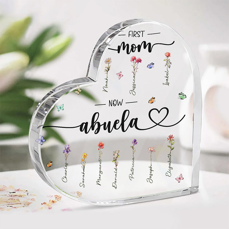 Grandma & Her Charming Flowers - Family Personalized Custom Heart Shaped Acrylic Plaque - Gift For Mom, Grandma