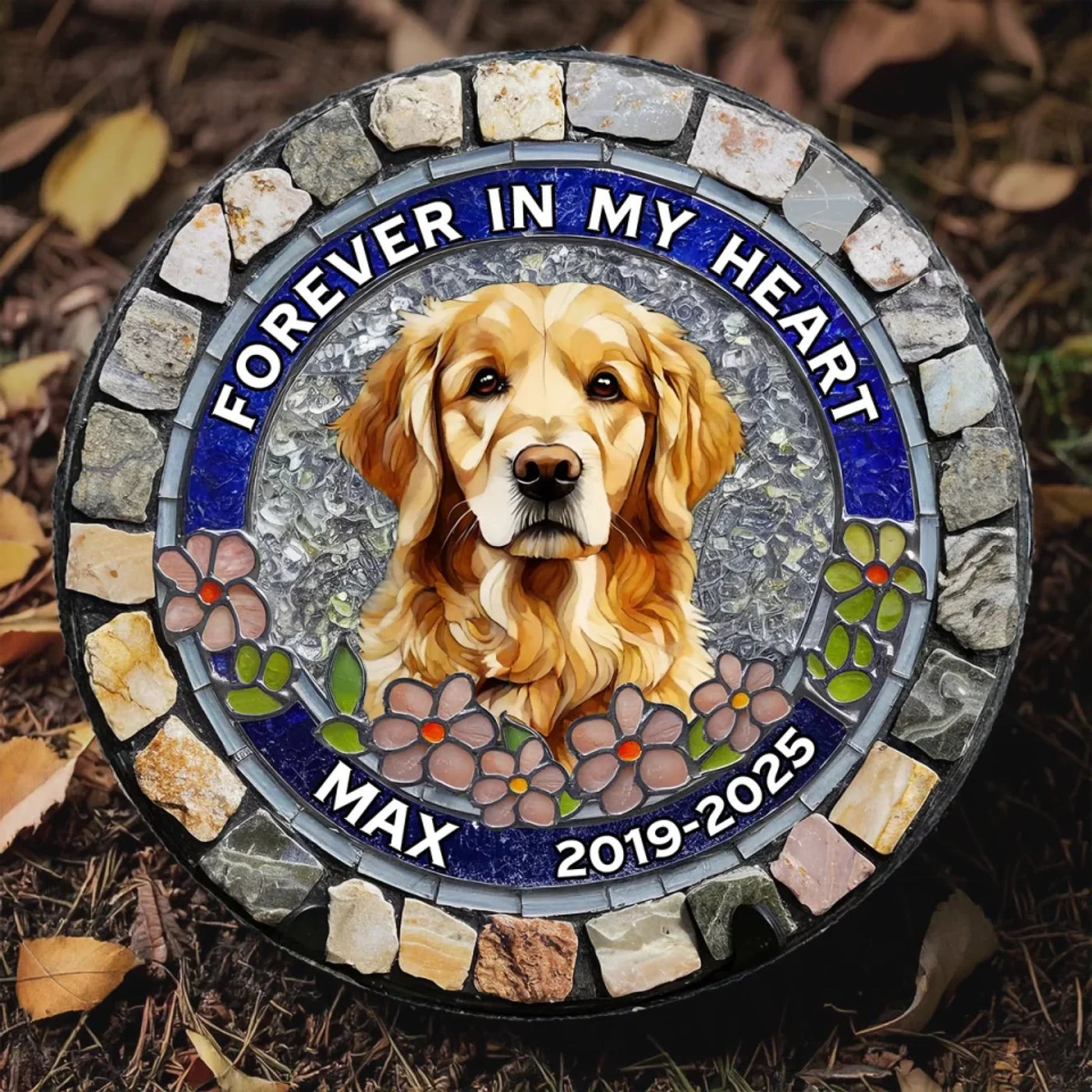 Custom Photo Forever Loved, Never Forgotten - Memorial Personalized Custom 3D Mosaic Faux Stained Glass Print Round Shaped Memorial Stone - Sympathy Gift For Pet Owners, Pet Lovers