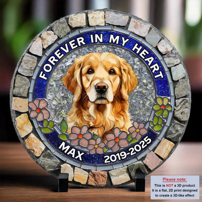 Custom Photo Forever Loved, Never Forgotten - Memorial Personalized Custom 3D Mosaic Faux Stained Glass Print Round Shaped Memorial Stone - Sympathy Gift For Pet Owners, Pet Lovers