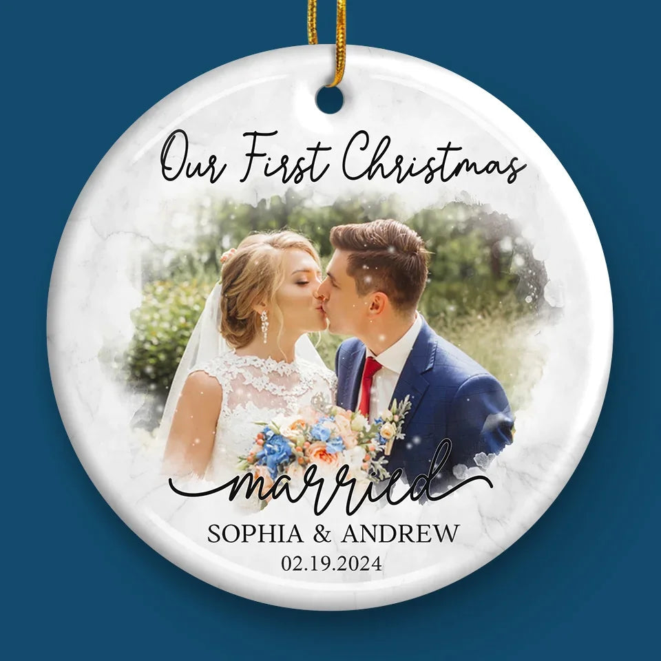 Custom Photo Our First Year Together - Couple Personalized Custom Ornament - Ceramic Round Shaped - Christmas Gift For Husband Wife, Anniversary, First Christmas
