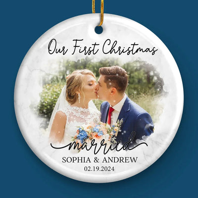Custom Photo Our First Year Together - Couple Personalized Custom Ornament - Ceramic Round Shaped - Christmas Gift For Husband Wife, Anniversary, First Christmas