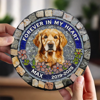 Custom Photo Forever Loved, Never Forgotten - Memorial Personalized Custom 3D Mosaic Faux Stained Glass Print Round Shaped Memorial Stone - Sympathy Gift For Pet Owners, Pet Lovers