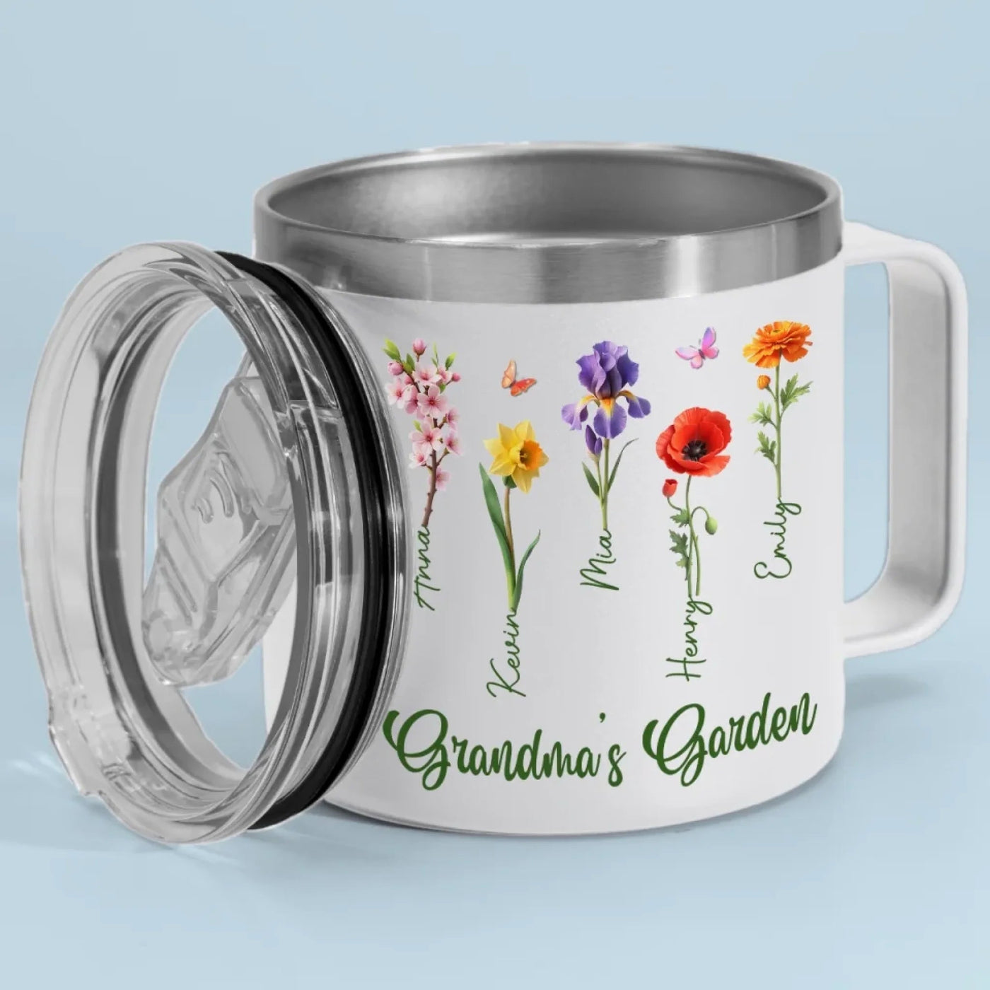 Her Garden Grows With Laughter & Little Feet - Family Personalized Custom 14oz Stainless Steel Tumbler With Handle - Mother's Day, Gift For Mom, Grandma